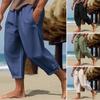 Men Cropped Pants Drawstring Elastic Waist Solid Color Loose Pockets Split Deep Crotch Soft Breathable Summer Vacation Beach Trousers