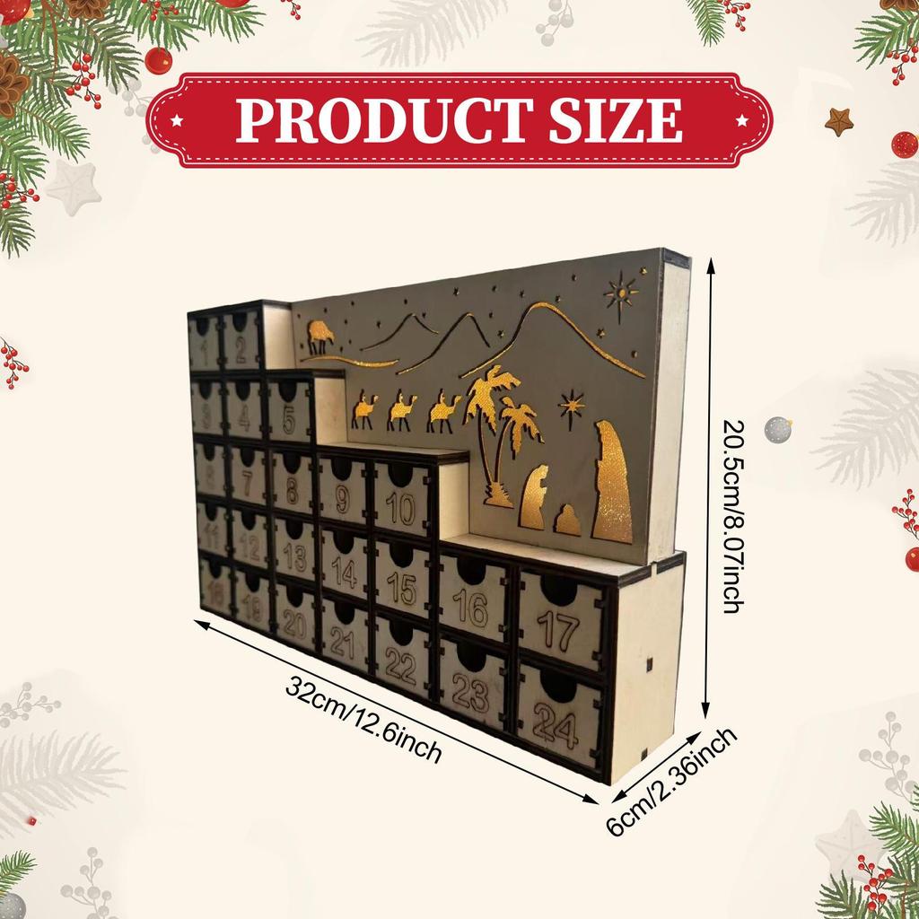 Christmas Wooden Advent Calendar with LED Lights,Cabinet Gift Home Decoration Nativity Scene for