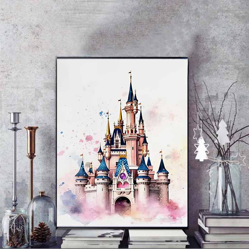 Disney Diamond Painting 5D Watercolor Disney Castle Illustration DIY Gift Suitable for Living Room Bedroom Office and Home Decor