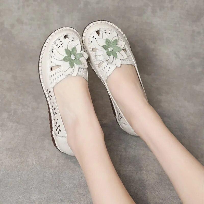 Johnature Ethnic Style Hollow Breathable Flat Sandals Genuine Leather Round Toe Soft Sole Women's Slip-on Shoes