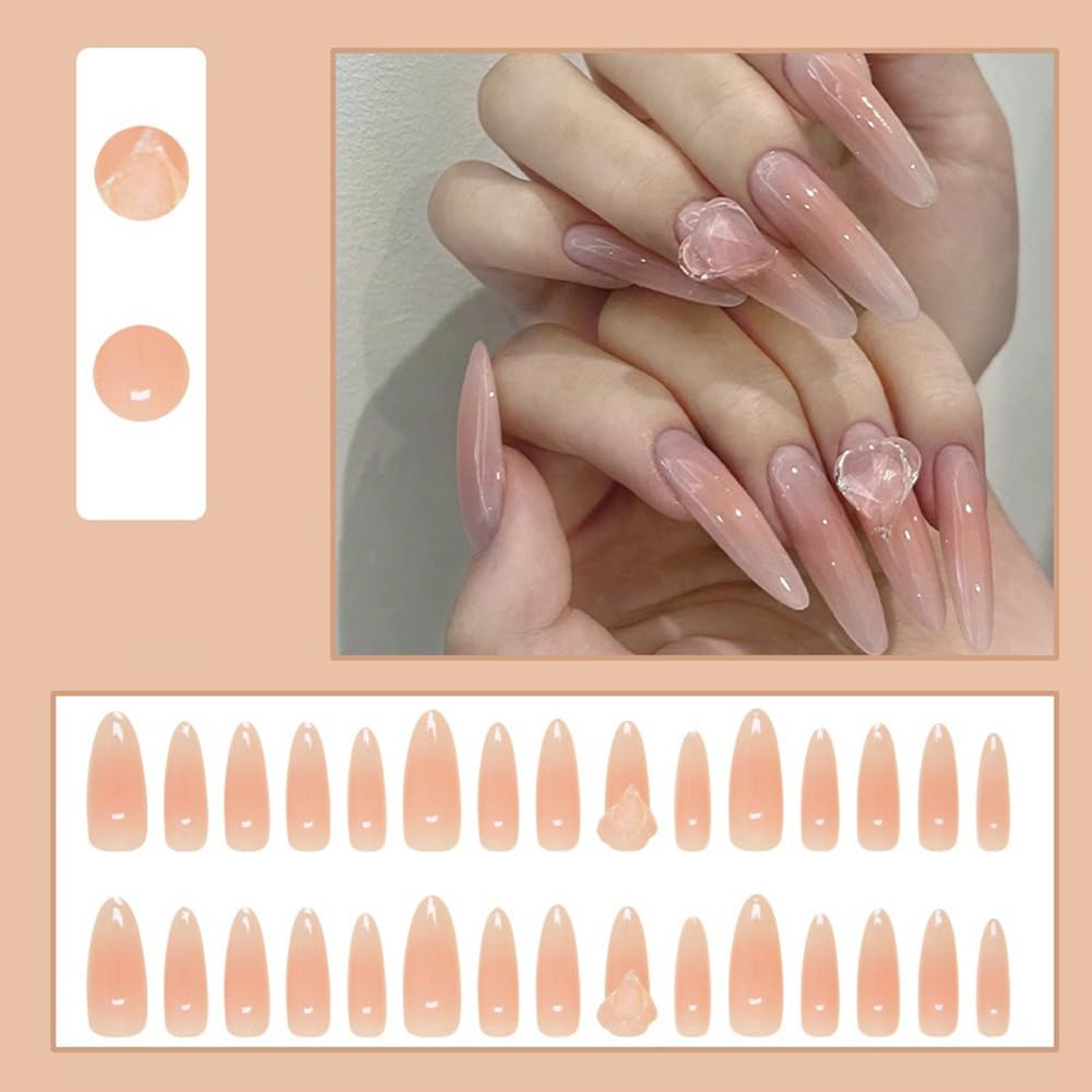S.A.V.I 24 Pcs Long Nude Press On Nails with Heart Crystal | Reusable Glossy False Nails for Women & Girls | Stick-On Artificial Nail Extensions fo