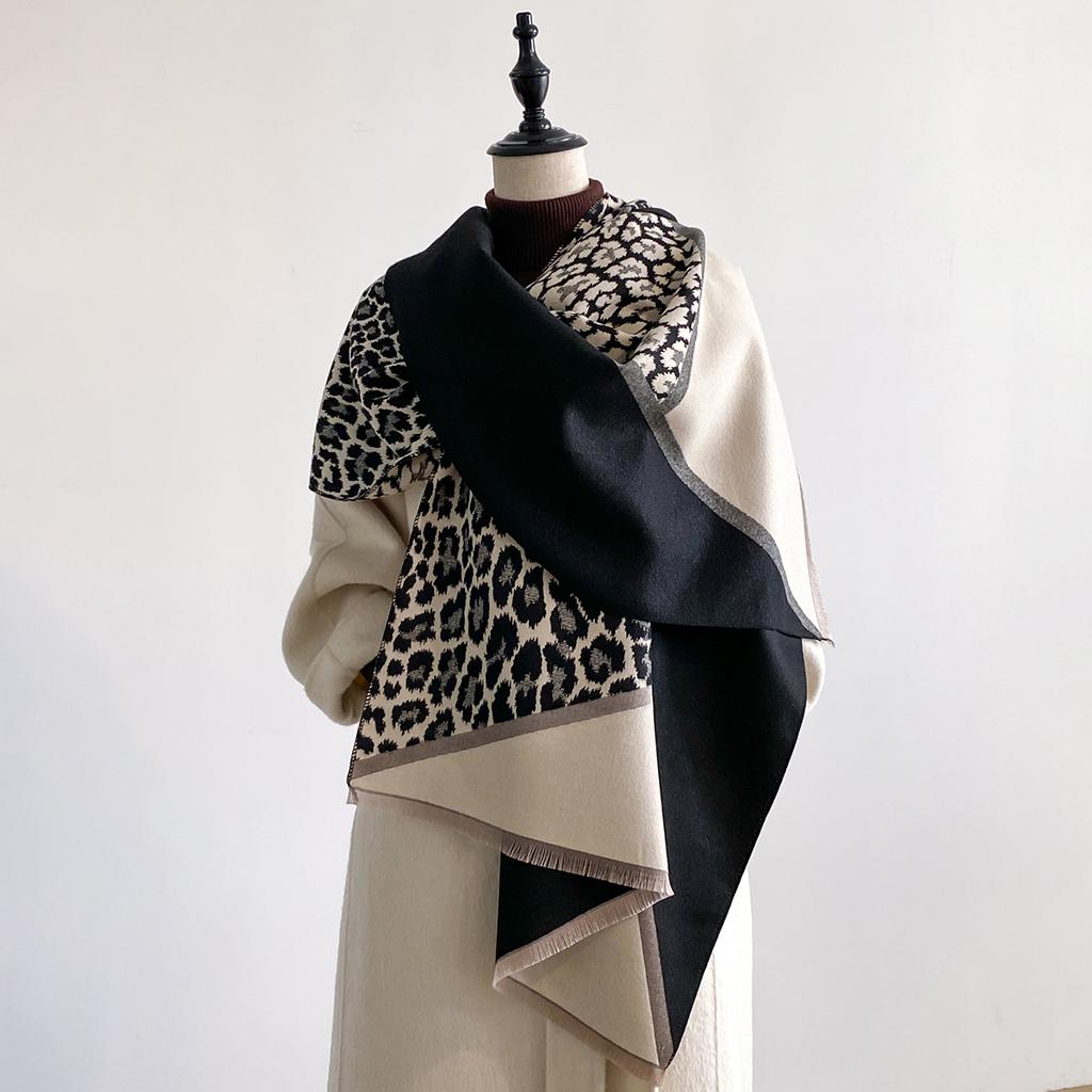 Elegant Jacquard Leopard Design Scarves Imitation Cashmere Soft Warm Fringe Shawl Winter Coldproof Windproof Blanket Scarf