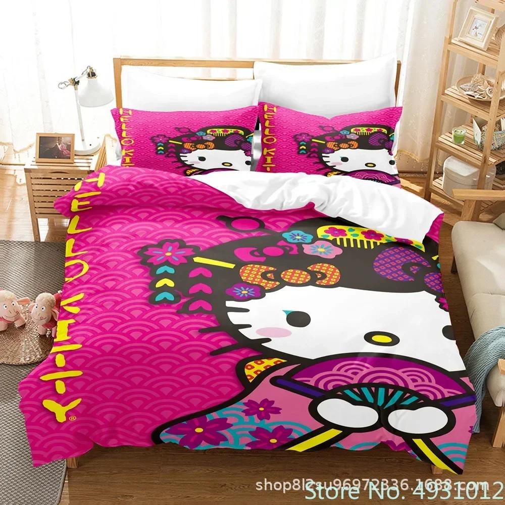 Cute Hello Kitty Colors Bedding Set Pillowcase Japanese Anime Bedclothes 3D Printed Quilt Cover Duvet Cover Baby Kids Child Gift