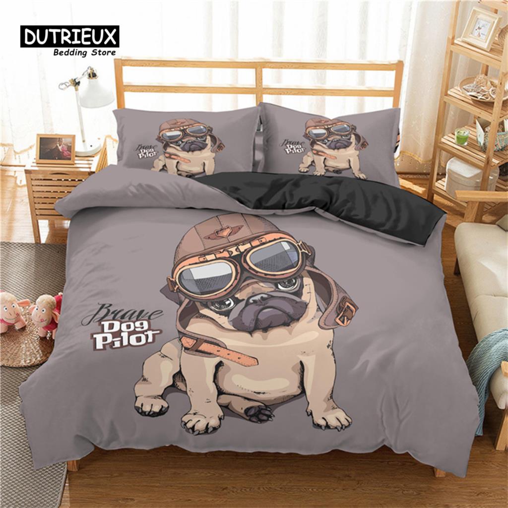 Modern Elegant Pug Pet Dog Polyester Funny Cartoon Animal Size For Kids Child Teens Decor Full King Comforter