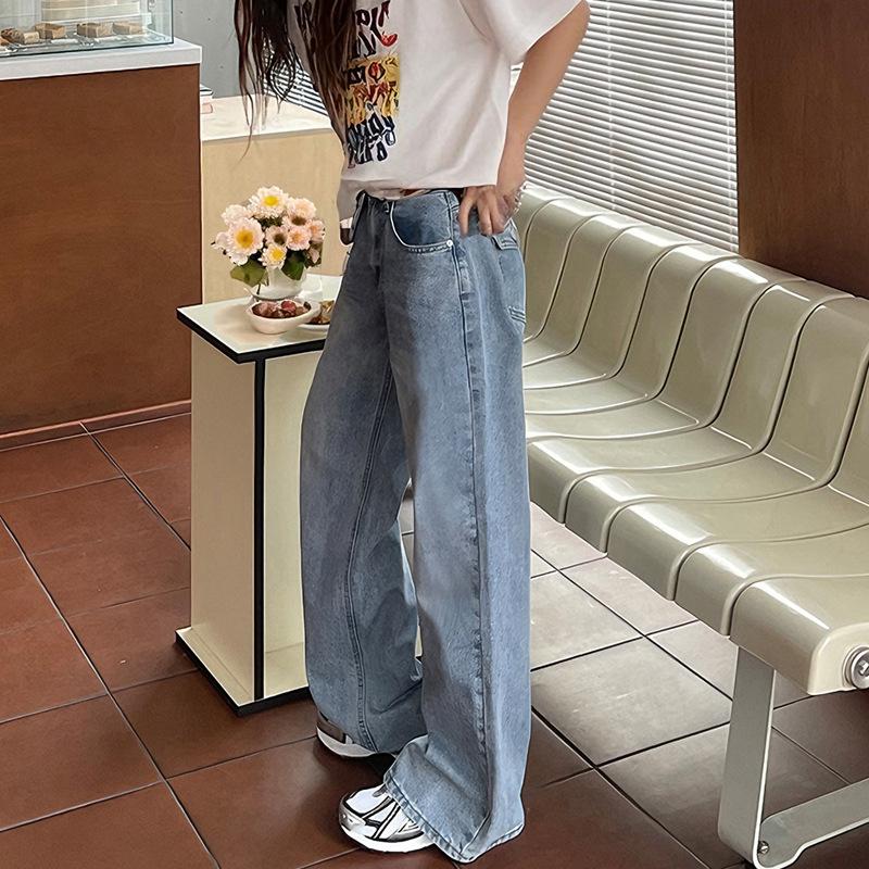 Women's Spring New Loose Casual Wide Leg Jeans Straight Leg Mop Pants