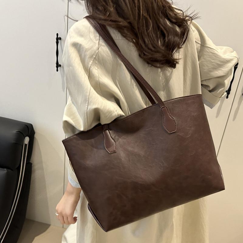 New Simple Solid Color Versatile Tote Bag Fashion Commuter Light Luxury Trend Faux Leather Design Shoulder Bag