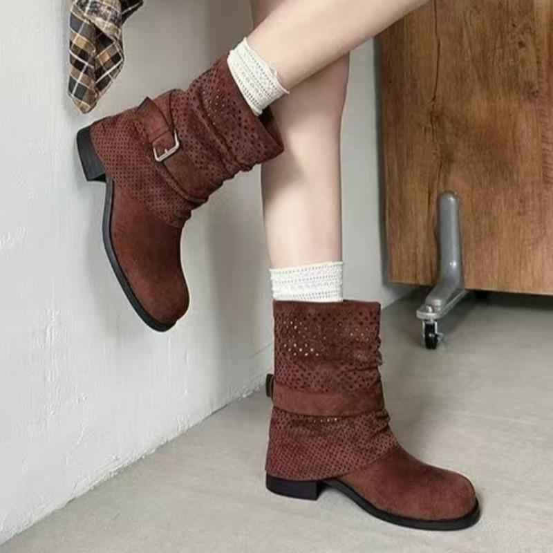 Fashion High Heels Women Hollow Short Boots 2025 New Autumn Fad Buckle Shoes Designer Chelsea Ankle Boots Dress Pumps Zapatillas Mujer