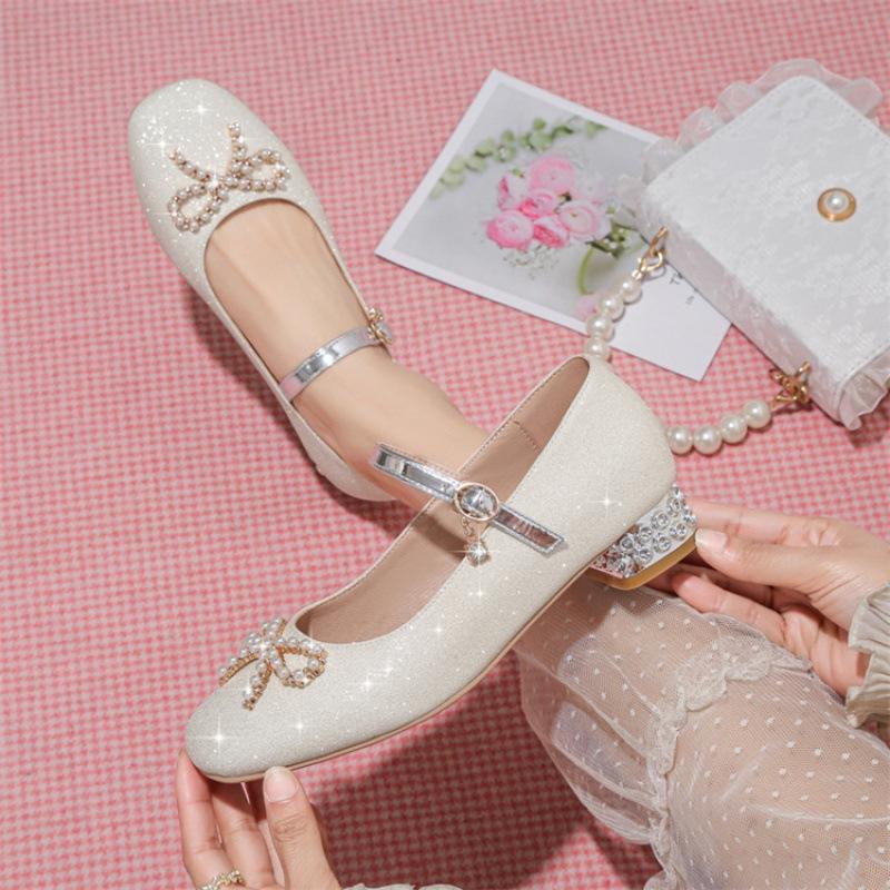 Girls Spring Princess Shoes 2025 New Girls Square Head Thick Heel Low Top Bow Sequins Student Children's Single Shoes