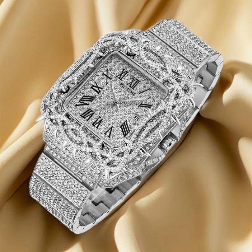 Y2k Watch For Men Fashion Luxury Gold Square Diamond Full Sky Star Male Clock Watches New Skeleton Flower Quartz Wristwatch