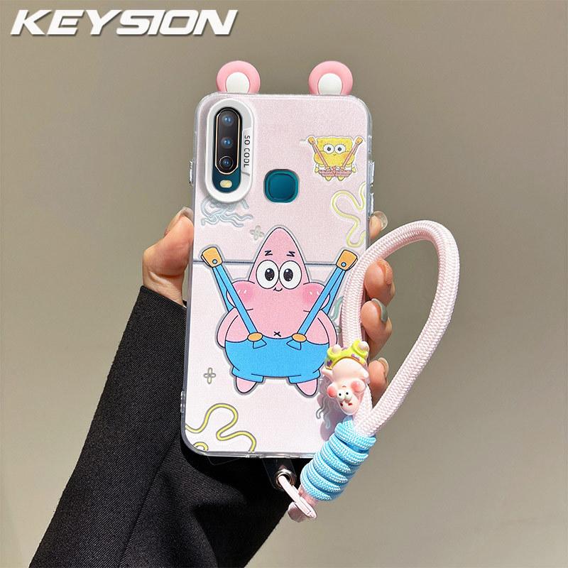 KEYSION Cute Ear Cartoon Case for VIVO Y17 Y15 Y12 with Lanyard Soft Silicone+PC Shockproof Phone Back Cover for VIVO Y11 2019