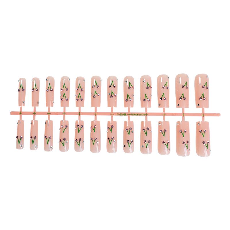 Cross-Border Rhinestone Cherry Nude Wearable Nail Tips - Hand-Painted, Solid Color Nail Art Patches