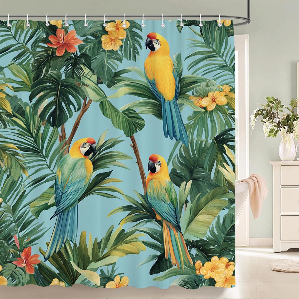 Tropical Plants, Flowers and Birds Shower Curtain, Bathroom Decorative Shower Curtain, Print Polyester Fabric Curtain with Hooks