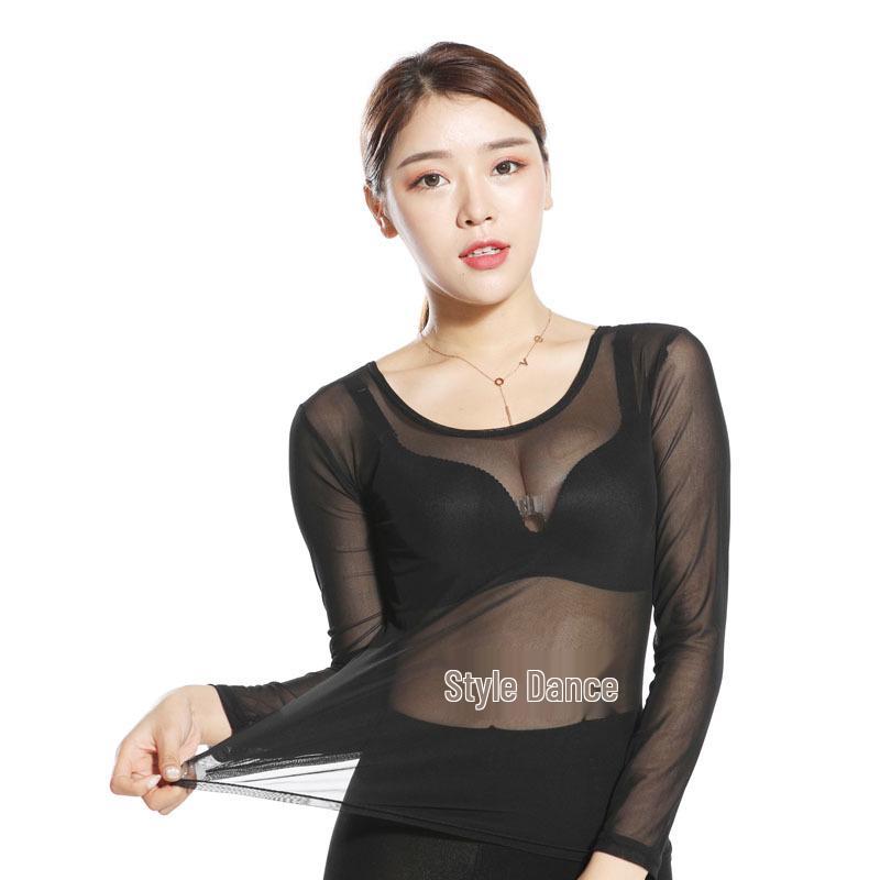Ultra-Thin Transparent Mesh Skin-Tone Dance Base Layer, Flesh-Colored Long Sleeve Performance Wear