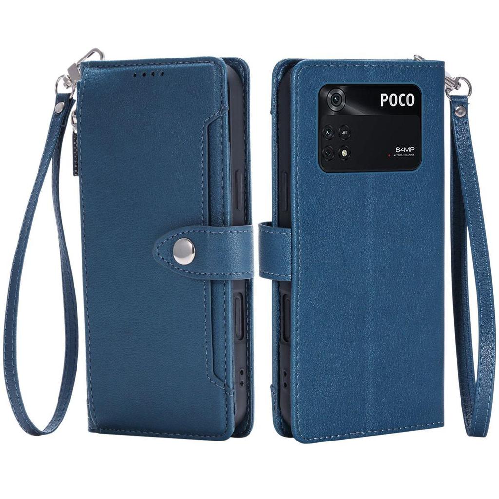 Zipper Pocket Wallet Flip Leather Phone Case for Xiaomi POCO M4 Pro 4G Multi Card Slots Kickstand Cover Wrist Strap