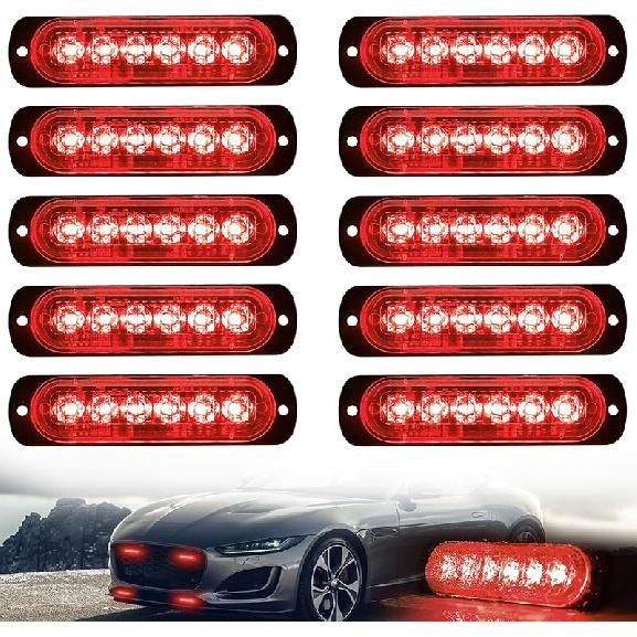 10Pcs LED Emergency Strobe Light, Amber White 6-LED Ultra Slim Surface Mount Flashing Warning Hazard Caution Light Bar For Car Truck Off Road