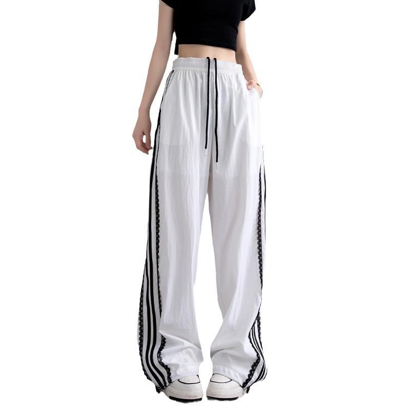 Side striped wide-leg casual pants women's spring new elastic high-waisted straight sports loose and thin pants