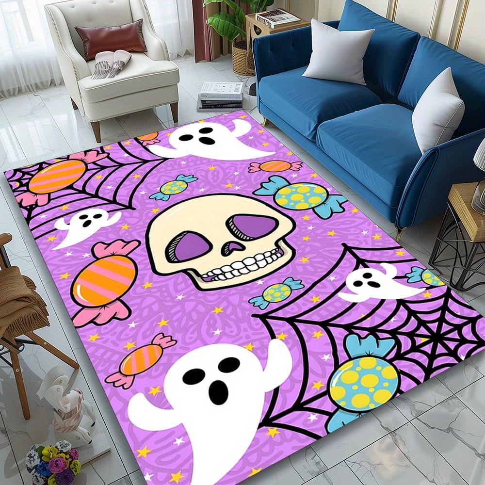 Spooky Skull & Halloween Area Rug - Vibrant Purple Crystal Velvet Carpet with Playful Ghosts, Skulls, and Candy Design - Durable