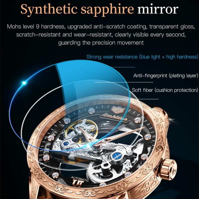 JINSHIDUN New Business and Leisure Men's Watch Fully Automatic Mechanical Watch Perspective Hollow Dial High-end Watch