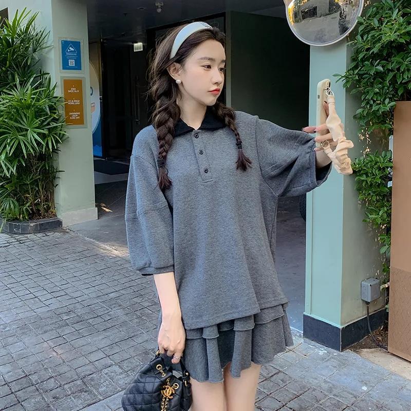 Fashion suit skirt women's 2026 summer new polo collar short-sleeved top + thin skirt skirt two-piece set
