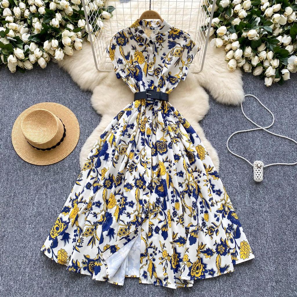 Dámské vintage midi košilové šaty s klopovým límcem, letní přehlídkové plisované šaty s krátkým rukávem, retro potisk džungle, pásek, dámské midi šaty