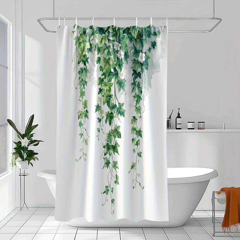 1 Elegant Ivy and White Floral Polyester Shower Curtain-Washable with Green Vine and Leaves Pattern, Machine Washable with Hooks