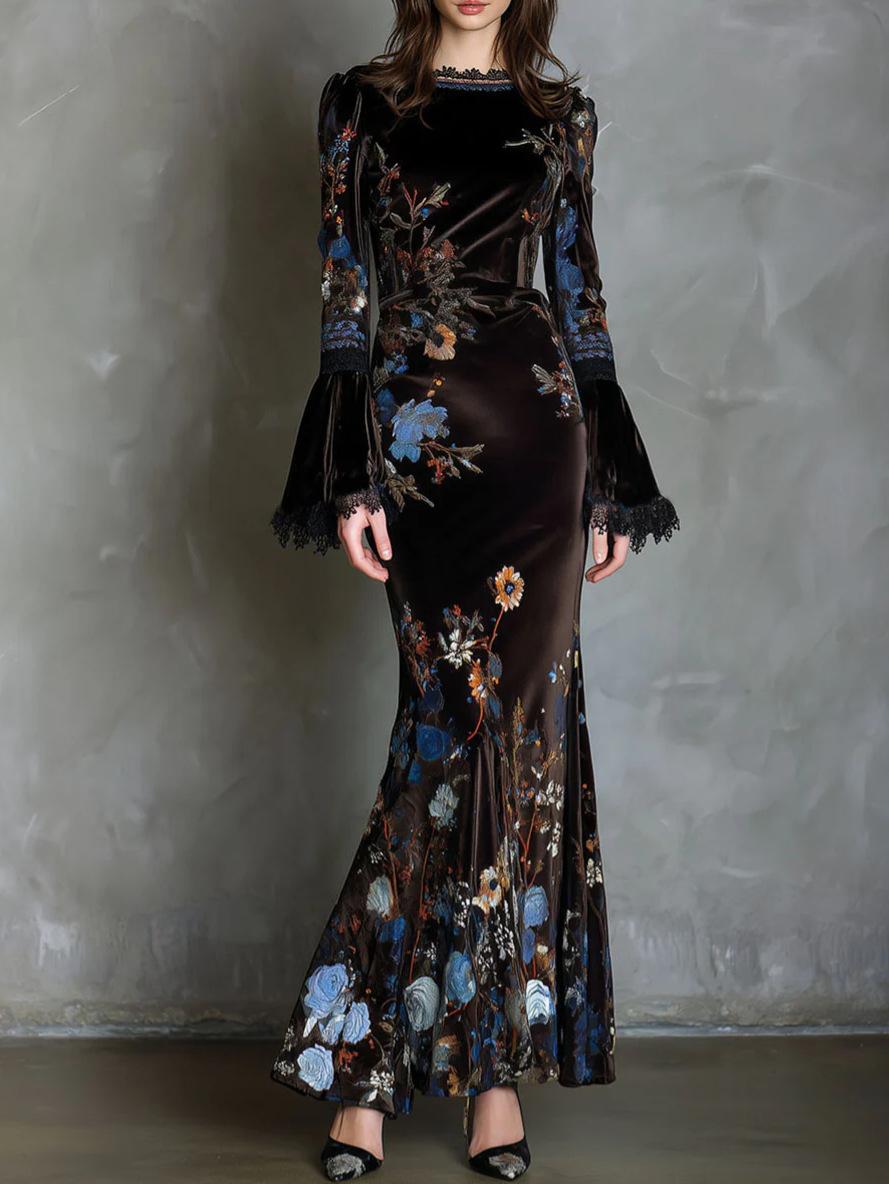 2026 European and American women s clothing, horn sleeve digital printing, long sleeve crew neck dress, long dress S