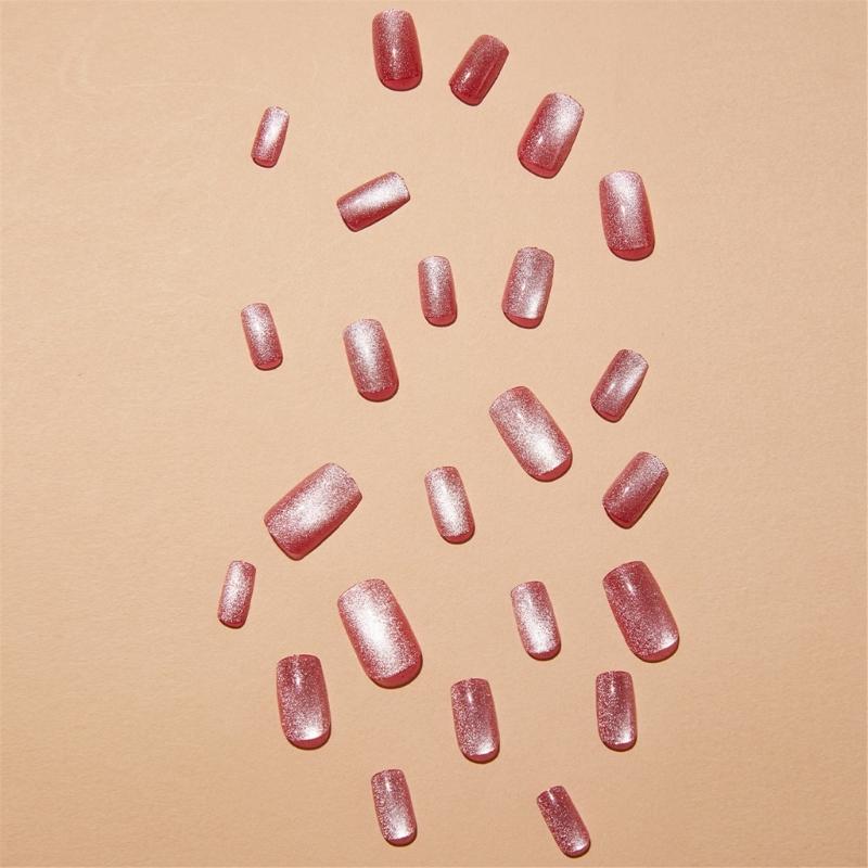 24 ks Cat Eye Press na nehty Full Cover Stick na nehty Růžové Umělé nehty Střední Umělé nehty Tipy Akrylové umělé nehty