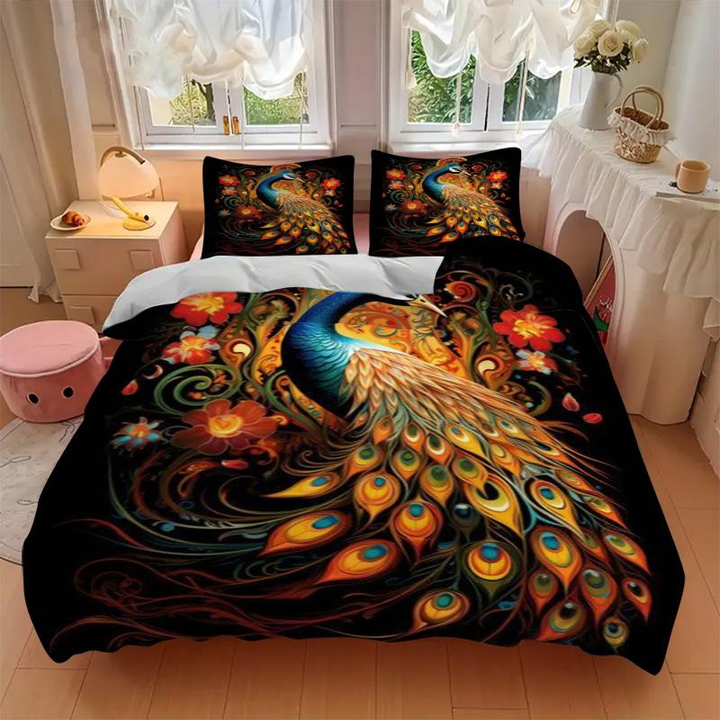 3pcs Peacock, Floral Duvet Cover Set -Includes 1 Duvet Cover and 2 Pillowcases, No Quilt Core, All-Season Home Decor  yy251111101