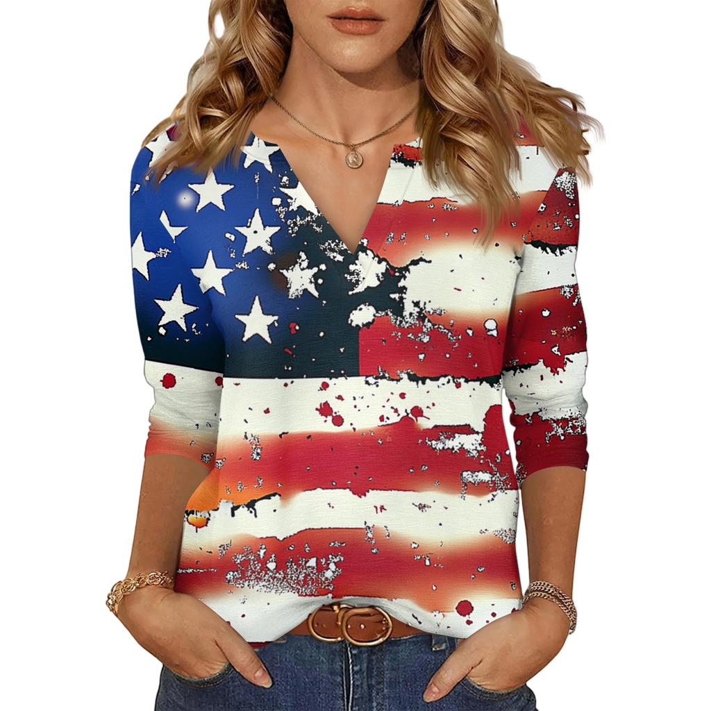 Women's Casual Fashion Sexy Comfortable V-Neck Independence Day Seven Sleeve Top