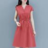 Women's Summer V Neck Cap Sleeve Drawstring Waist Cotton A Line Midi
