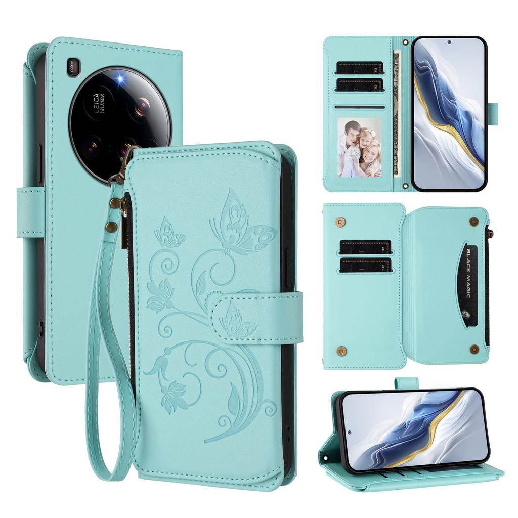 For Xiaomi 15 Ultra Leather Case Butterfly Floral Imprint Zipper Wallet Stand Cover with Wrist Strap