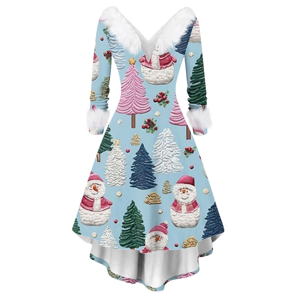 Damesmode Elegante Herfst En Winter Lange Mouw V-Hals Kerstprint Jurk