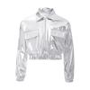 Kids Hip-Hop Jazz Dance Tops Metallic Shiny Jacket Boys Girls Turn-Down Collar Long Sleeve Outwear with Flap Pockets