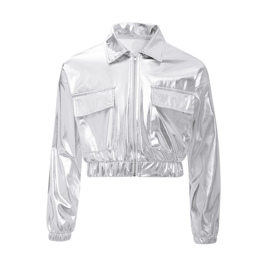 Kids Hip-Hop Jazz Dance Tops Metallic Shiny Jacket Boys Girls Turn-Down Collar Long Sleeve Outwear with Flap Pockets