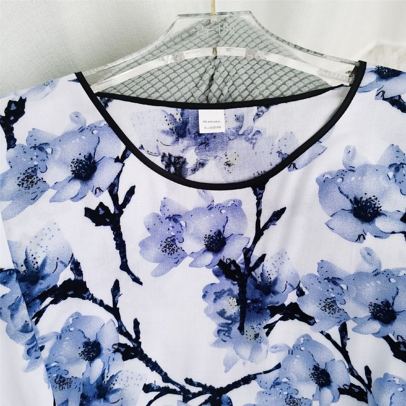 Silk Cotton Dress Home Wear Shoelace round Collar Skirt Special Treatment Blue and White Porcelain Chinese Ancient Style Cotton Nightgown Women