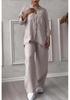 2024 Women's Solid Color Single-Breasted Shirt & Wide-Leg Tie Pants Set, Cotton-Linen Fabric