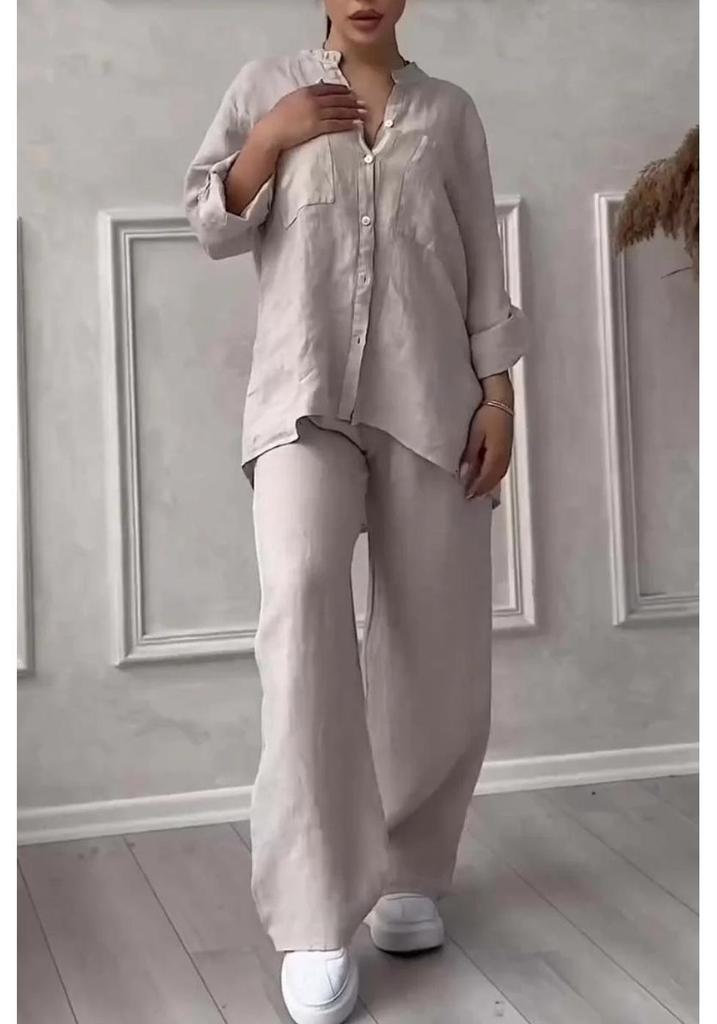 2024 Women's Solid Color Single-Breasted Shirt & Wide-Leg Tie Pants Set, Cotton-Linen Fabric