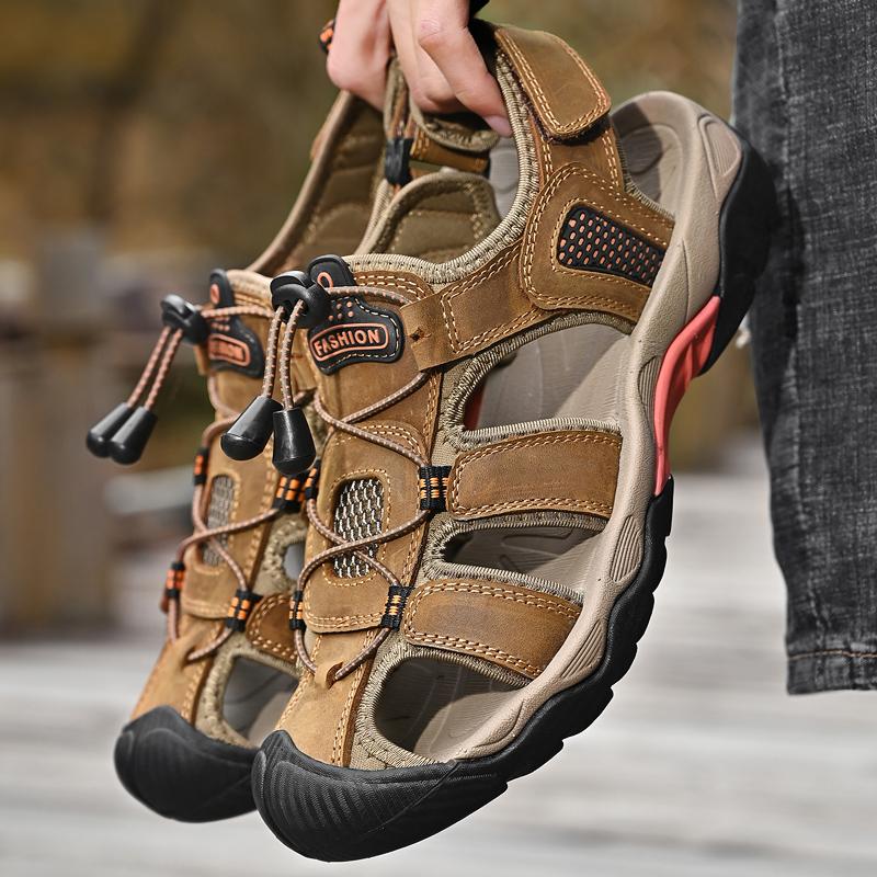 Fashion Genuine Leather Men Sandals Anti-collision Toe Mens Canyoning Shoes Durable Handmade Beach Shoes Non Slip Indoor Outdoor Sandals