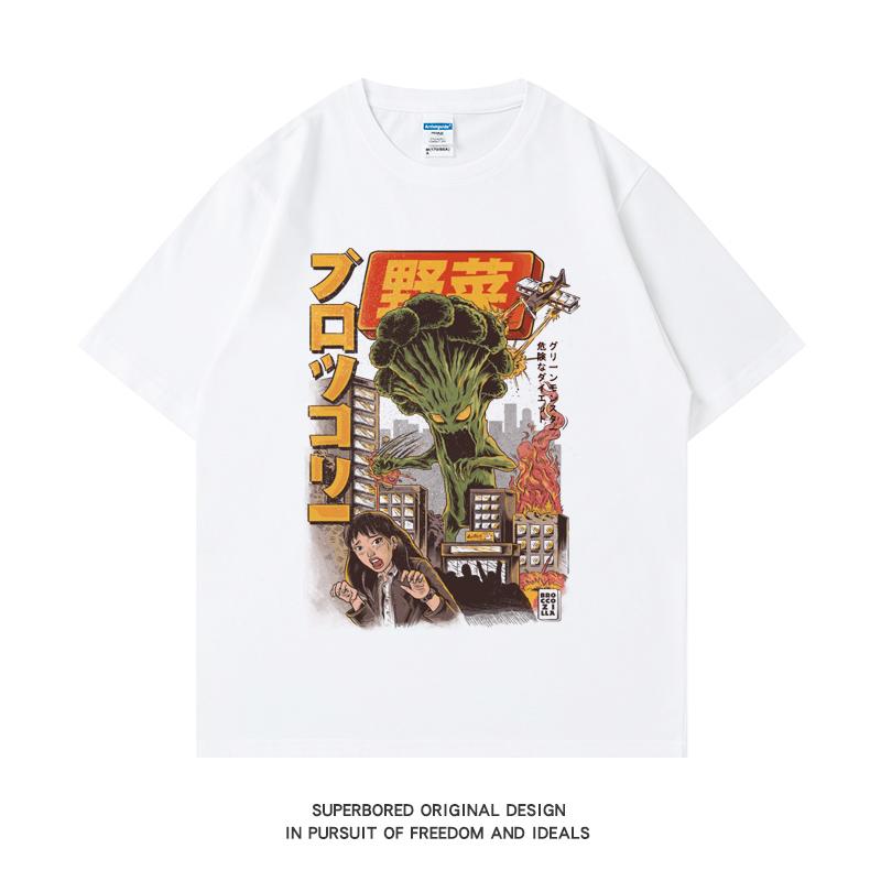 

220GSM Heavyweight T-shirt 100% Cotton T Shirt Broccozilla Print Men Causal O-neck Basic Male Tops Tee