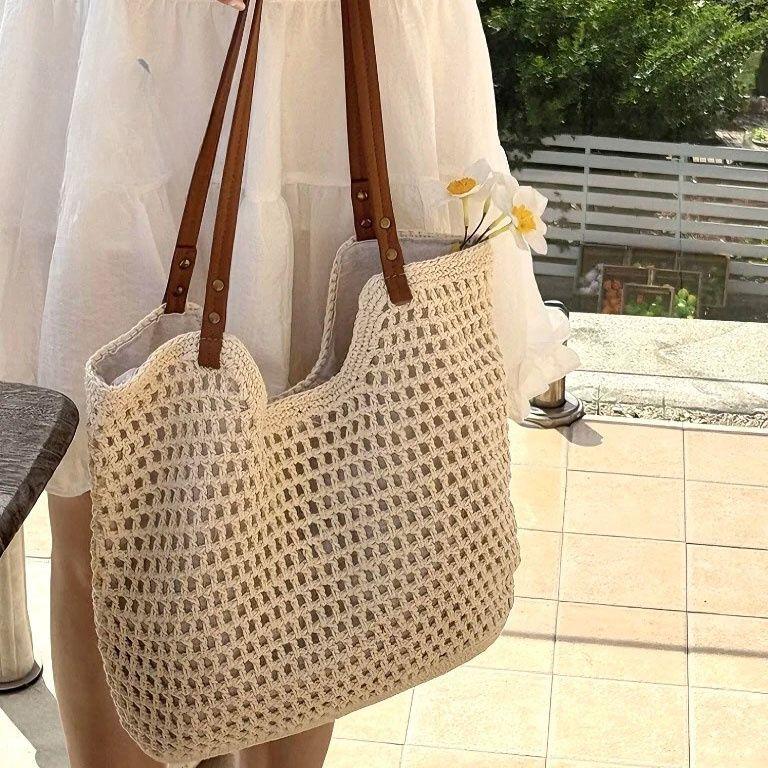 Beach Vacation Hole Woven Bag Large Capacity Hollow Out Mesh Versatile Shoulder Tote Bag