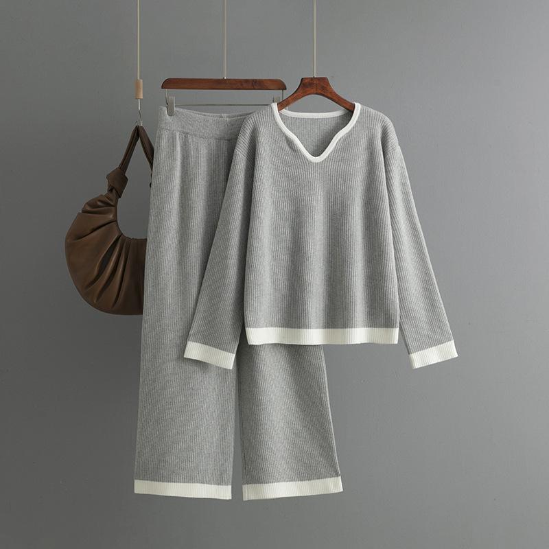 Women's Clothing Autumn and Winter New Pit Strip Knitted Suit Women's Collar Contrasting Color Top Wide-leg Pants Two-piece Set