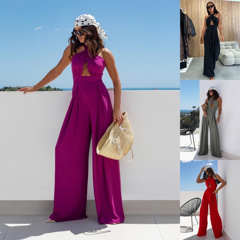 Solid Color Sleeveless Off-Shoulder Halter Neck Wrap Waist Jumpsuit Women 2025 Wide Leg Elegant Office Chic