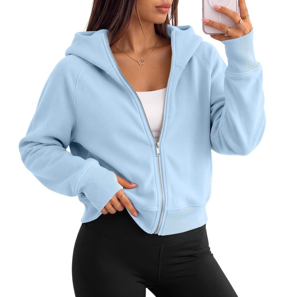 Women's Fashion Cropped Zip-Up Hooded Sweatshirt Jacket with Long Sleeves for Casual Wear