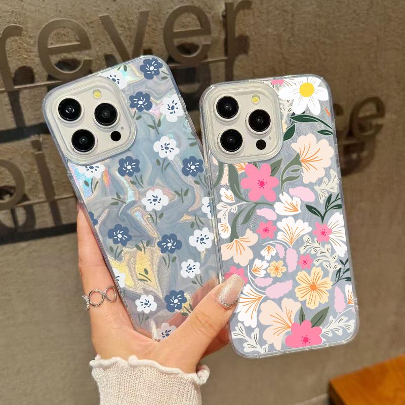 Simple Flower Pattern Luxury Glitter Case For iPhone 16 Pro Max 15 Pro 14 13 12 11 Slim Glossy Shockproof Hybrid PC TPU Clear Phone Cover