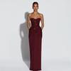 Robe de soirée longue bordeaux sans bretelles perlée pour femme Robe formelle plissée