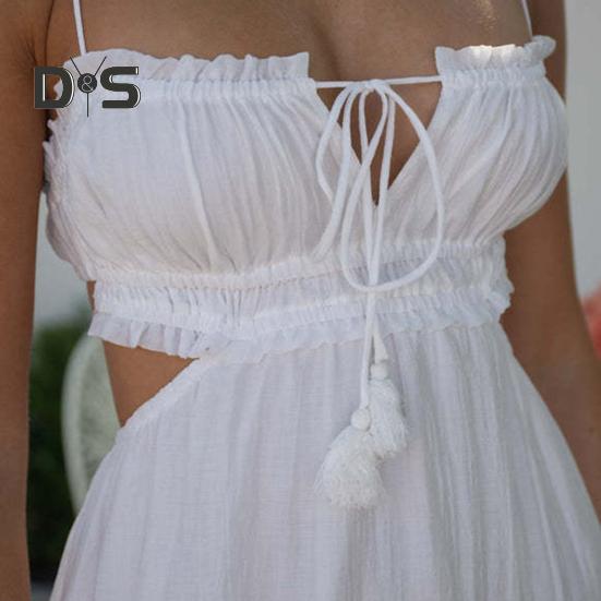 Ženy Sexy Bandeau Popruh Dlouhé šaty Šněrování Bez zad Nízký střih Midi Šaty Šití Splývavý lem Špagetová ramínka Pěstované šaty