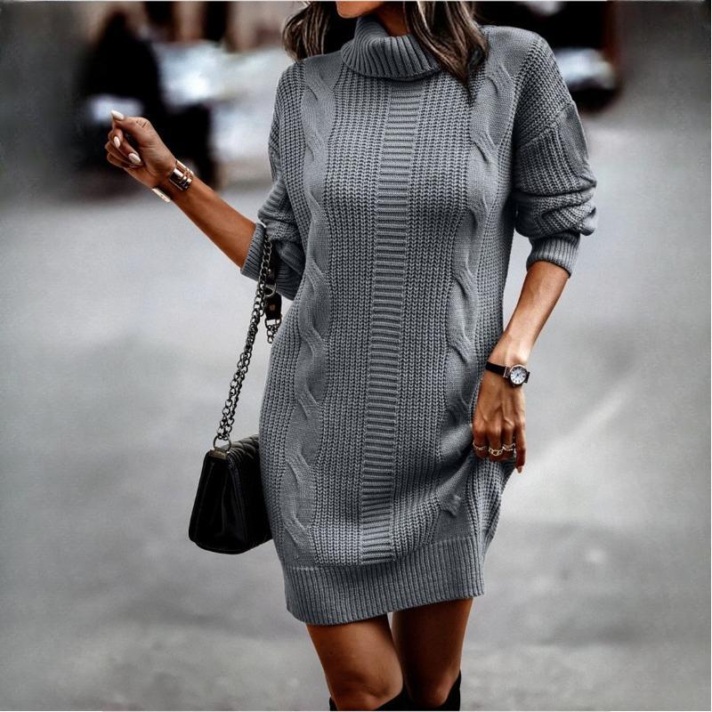 BITCED Fall/Winter Solid Color High-Neck Long-Sleeve Bodycon Knit Dress for Women