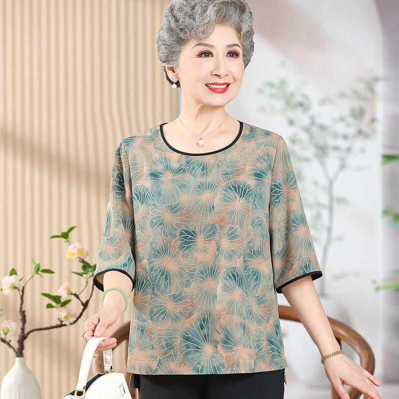 Women s Mid-Aged Spring/Summer Round Neck Five-Point Sleeve Shirt L