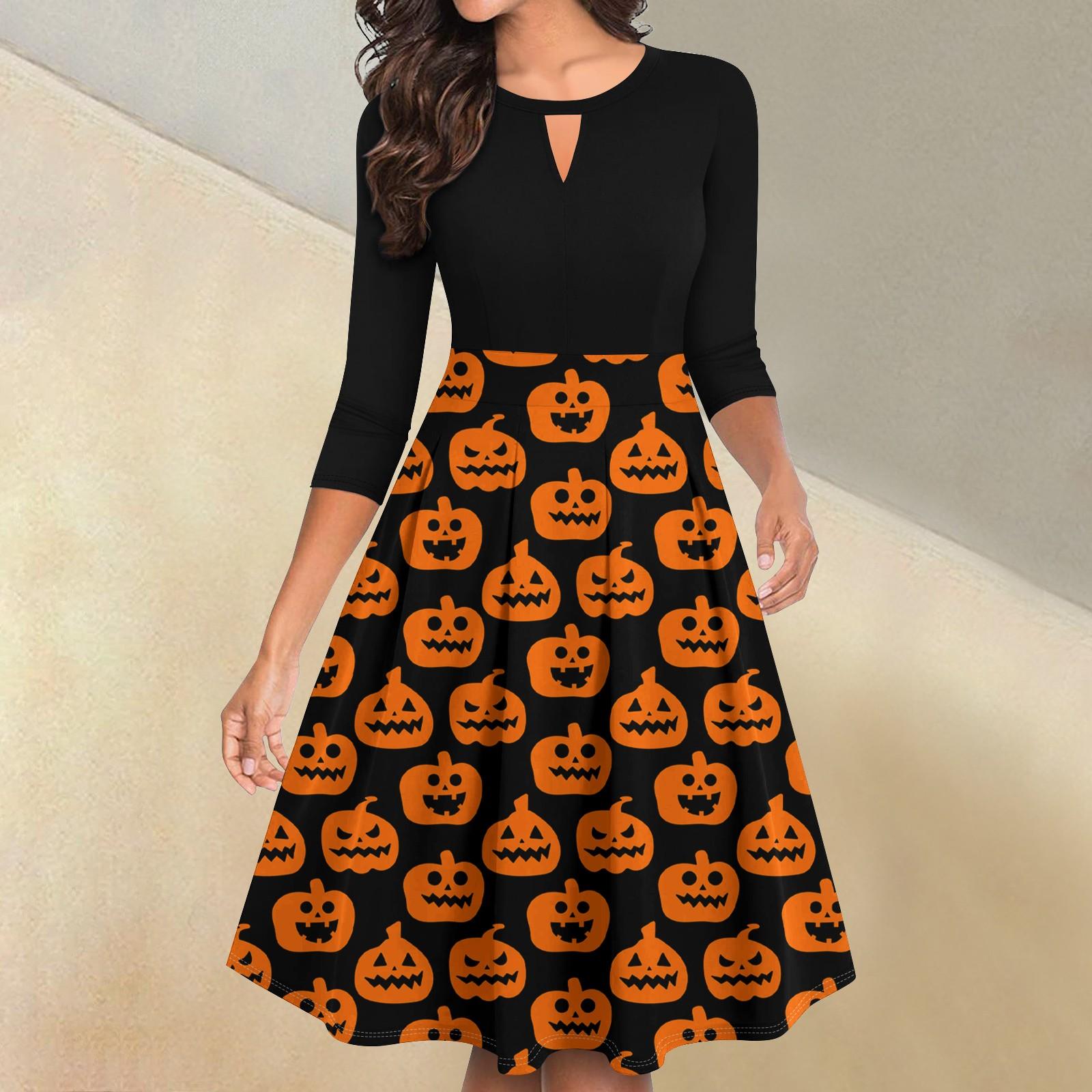 

Женские винтажные платья на Хэллоуин с принтом, расклешенные, с рукавами 3/4, повседневные, с разрезом, свободные, для вечеринок XL шафрановый