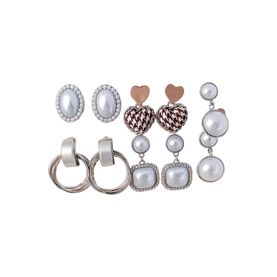 French Silver Needle Rhinestone Resin Pearl Geometric Earrings Set - Retro High-End Women's Jewelry